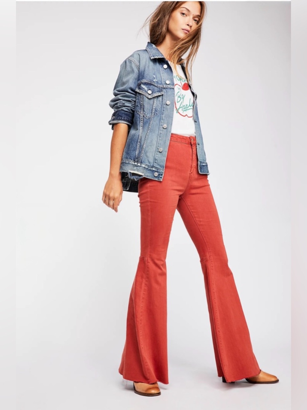 Free People We The Free Just Float Flare Jeans Tie-Dye Red Orange Boho Sz:28